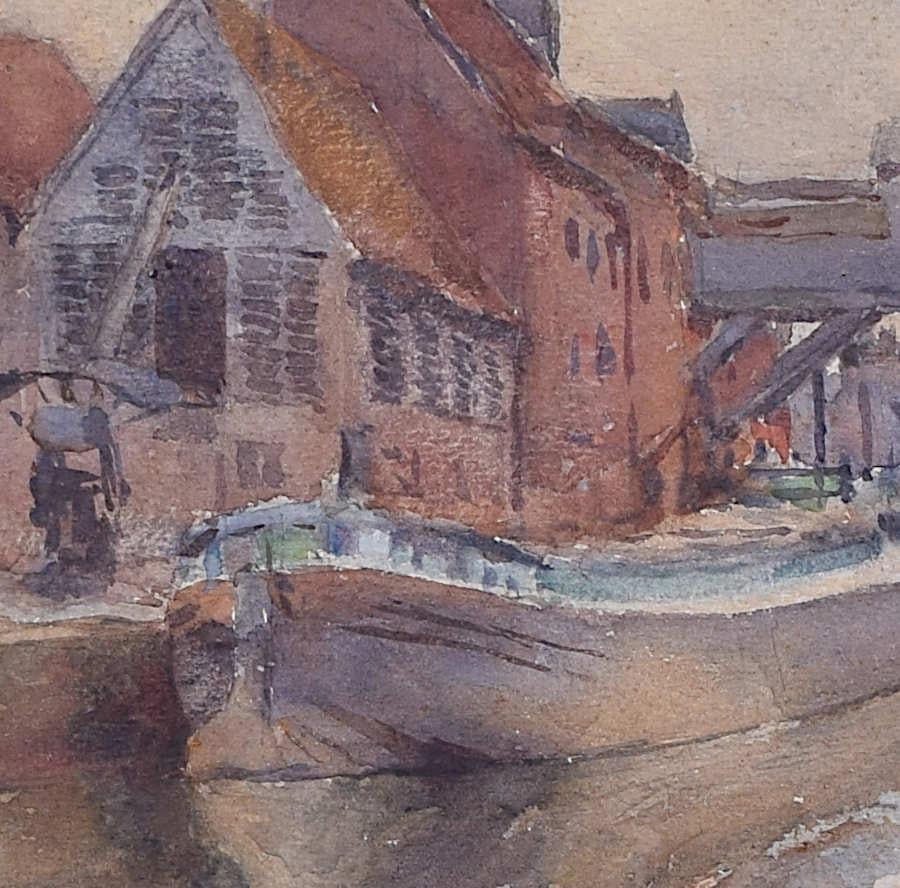 Watercolour of moored barges - Art Realista de Unknown