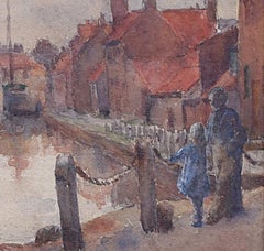 Watercolour of moored barges