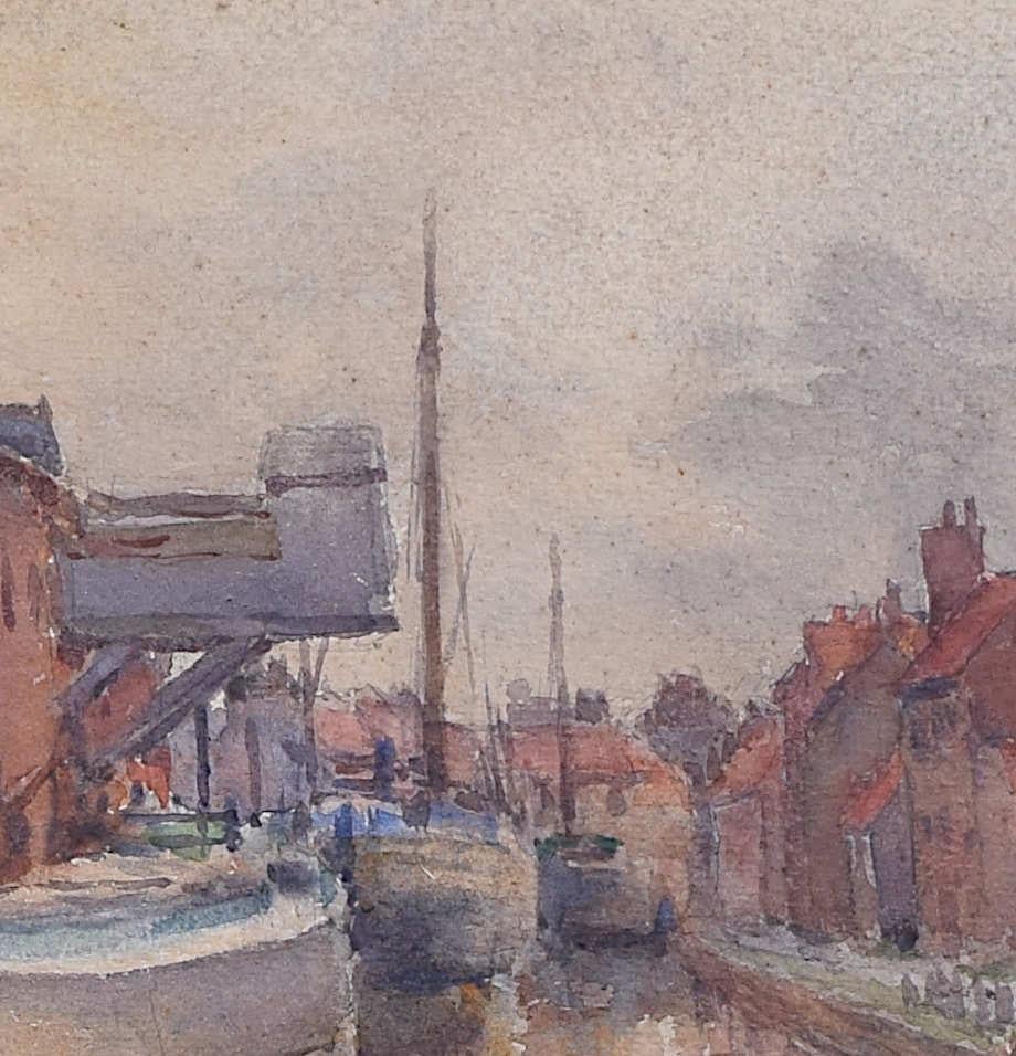 Watercolour of moored barges - Figurative Art Gris de Unknown