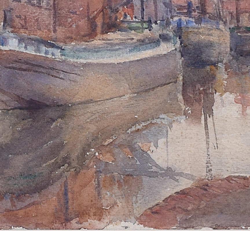 Barcazas amarradas
Acuarela
23 x 32 cm 
C.1900

Esta acuarela representa a dos espectadores, tal vez un abuelo y su nieta, observando las barcazas amarradas en un canal. Aunque se desconoce la ubicación de este cuadro, la presencia de barcazas