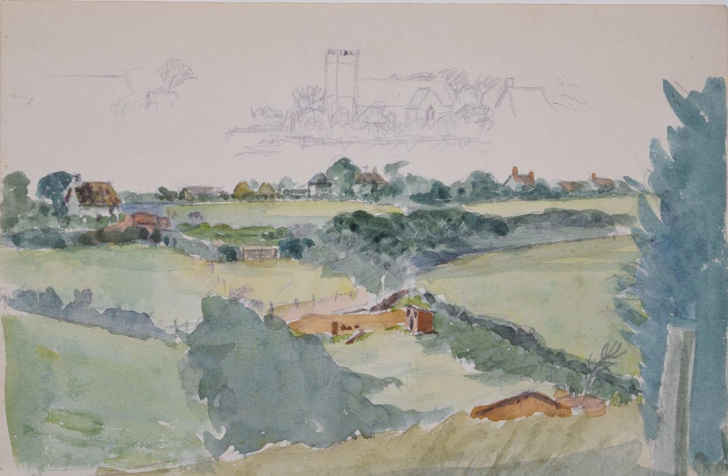 George Bissill (1896-1973)
English rural scene
Watercolour 
18 x 28 cm 

Born in 1896, George Bissill was a British miner, painter and furniture designer. Raised in the mining village of Langley Mill, Derbyshire, Bissill became a miner at the age of