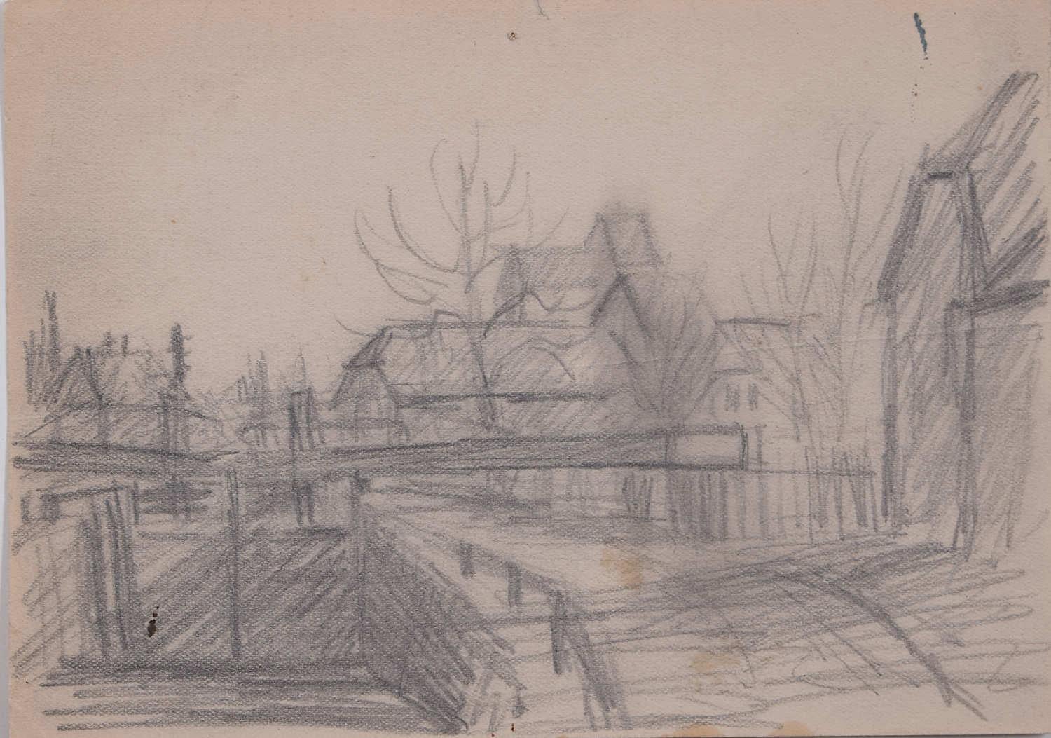View of the Village Church, pencil sketch by George Bissill