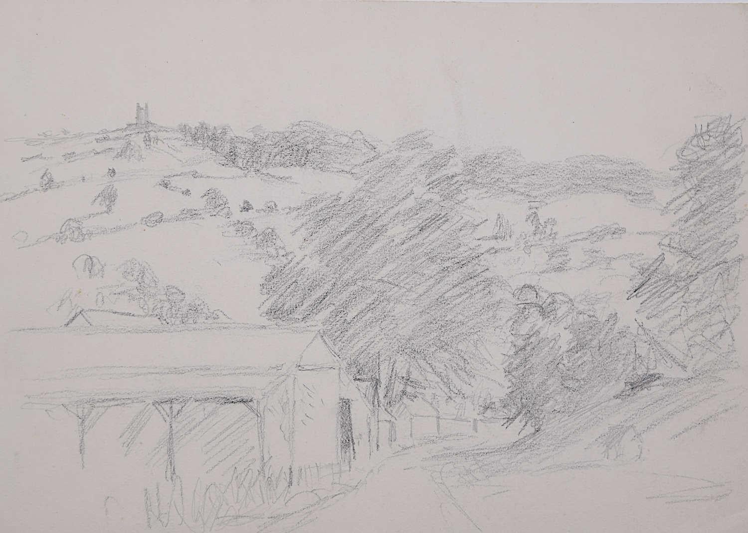 Landscape View with Barn and Church, Devon, pencil sketch by George Bissill