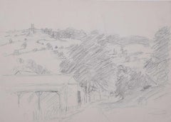 Vue d'un paysage avec une grange et une église, Devon, esquisse au crayon de George Bissill
