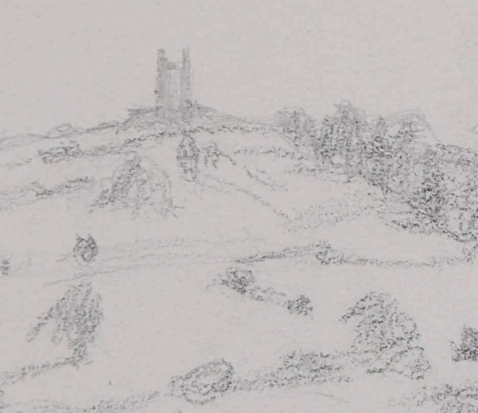 Vue d'un paysage avec une grange et une église, Devon, esquisse au crayon de George Bissill en vente 1