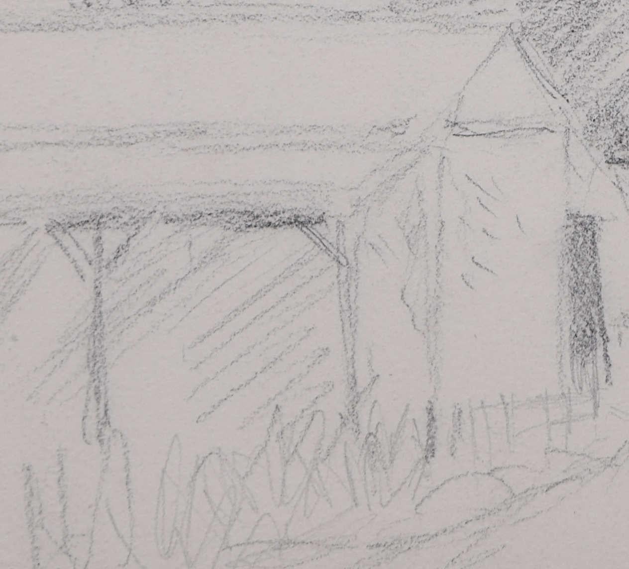Vue d'un paysage avec une grange et une église, Devon, esquisse au crayon de George Bissill en vente 2