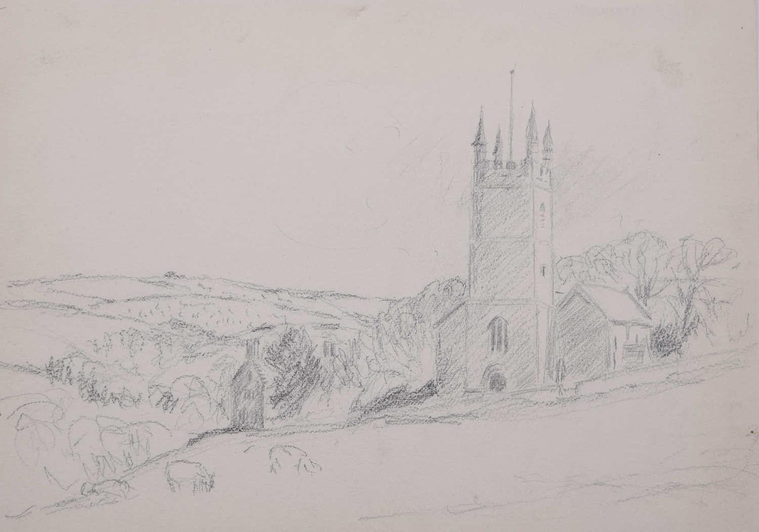 George Bissill (1896-1973)
Paesaggio con granaio e chiesa, Devon
Schizzo a matita 
25 x 35 cm 

Nato nel 1896, George Bissill era un minatore, pittore e designer di mobili britannico. Cresciuto nel villaggio minerario di Langley Mill, nel