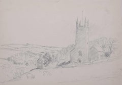 View of St Peter's Church, Willersey, Bleistiftskizze von George Bissill