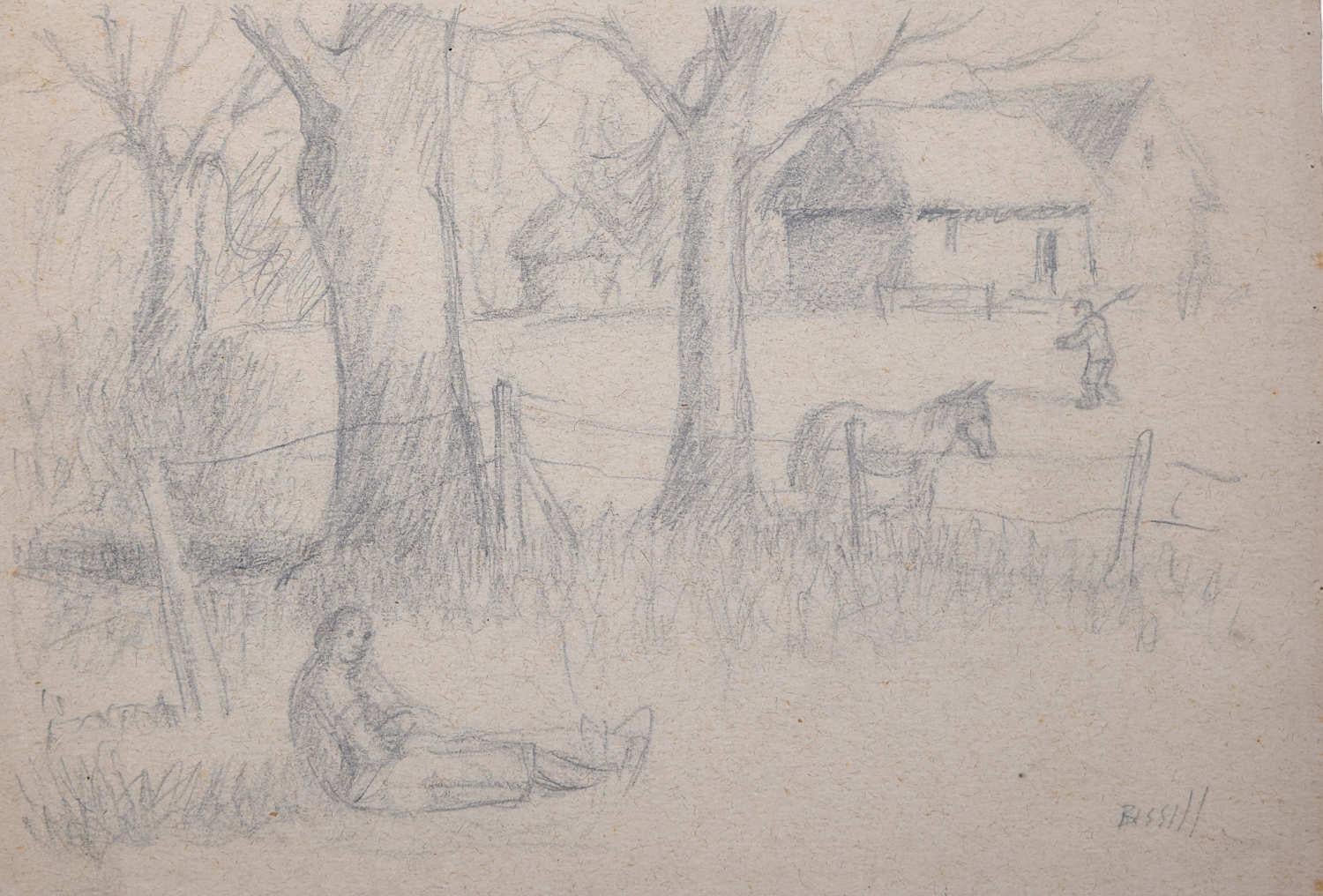 George Bissill (1896-1973)
A moment of rest 
Pencil sketch 
28 x 38 cm 
Signed to lower right 

Born in 1896, George Bissill was a British miner, painter and furniture designer. Raised in the mining village of Langley Mill, Derbyshire, Bissill