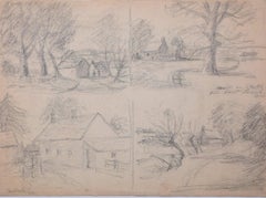 Four Gloucestershire Cottages, pencil sketch by George Bissill