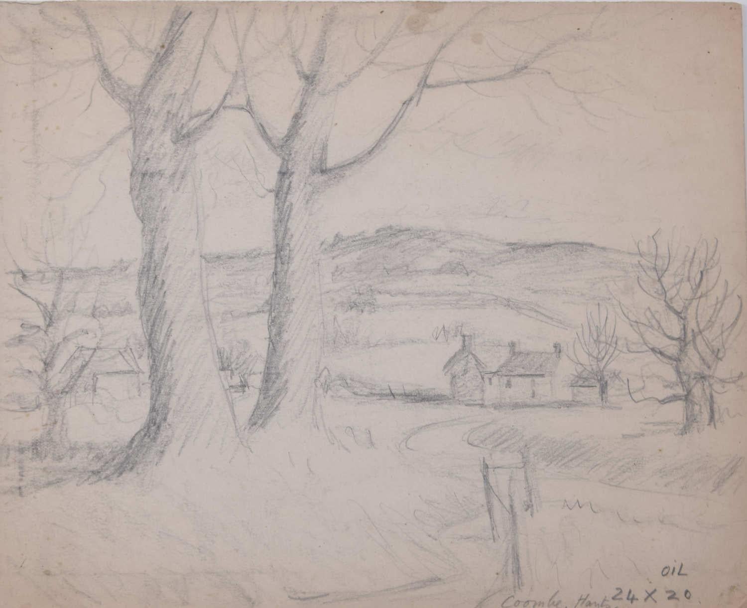 Studie für Ölgemälde von Coombe, Hampshire, Bleistiftskizze von George Bissill