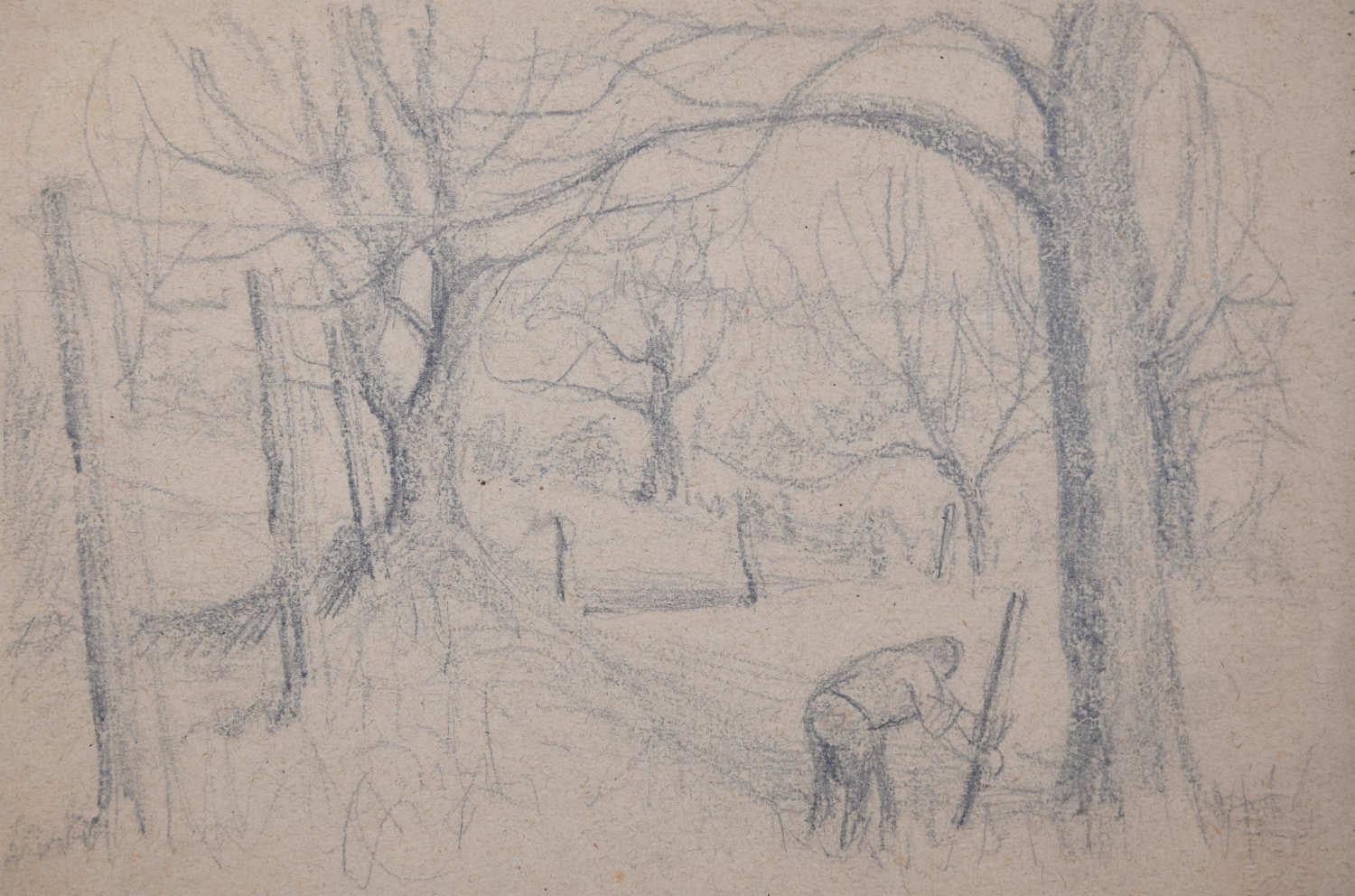 George Bissill (1896-1973)
Tending to the fences
Pencil sketch 
28 x 39 cm 

Born in 1896, George Bissill was a British miner, painter and furniture designer. Raised in the mining village of Langley Mill, Derbyshire, Bissill became a miner at the