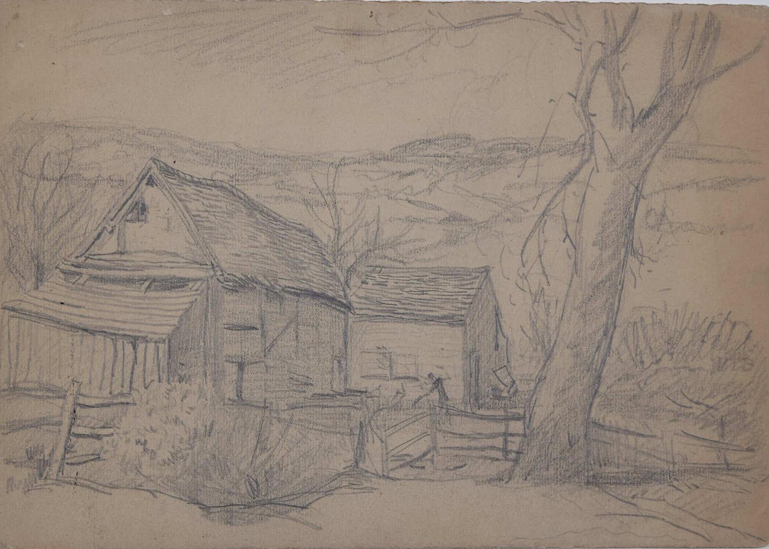 George Bissill (1896-1973)
Farmhouse view
Pencil sketch 
18 x 25 cm 

Born in 1896, George Bissill was a British miner, painter and furniture designer. Raised in the mining village of Langley Mill, Derbyshire, Bissill became a miner at the age of