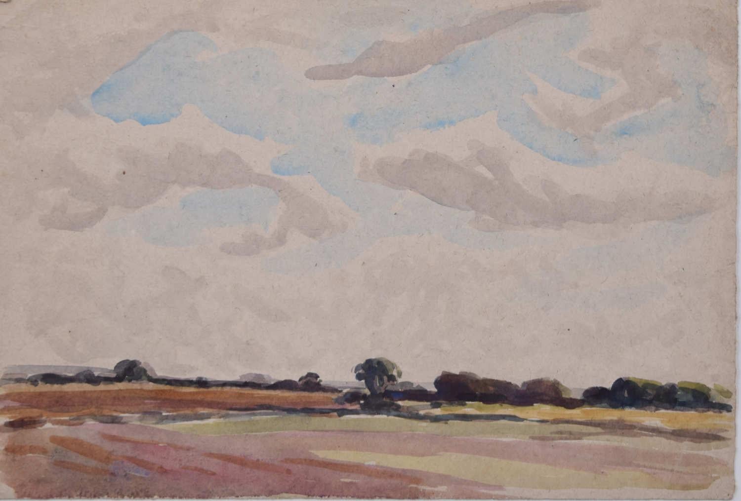 George Bissill (1896-1973)
Landscape
Watercolour 
20 x 28 cm  

Born in 1896, George Bissill was a British miner, painter and furniture designer. Raised in the mining village of Langley Mill, Derbyshire, Bissill became a miner at the age of 13,