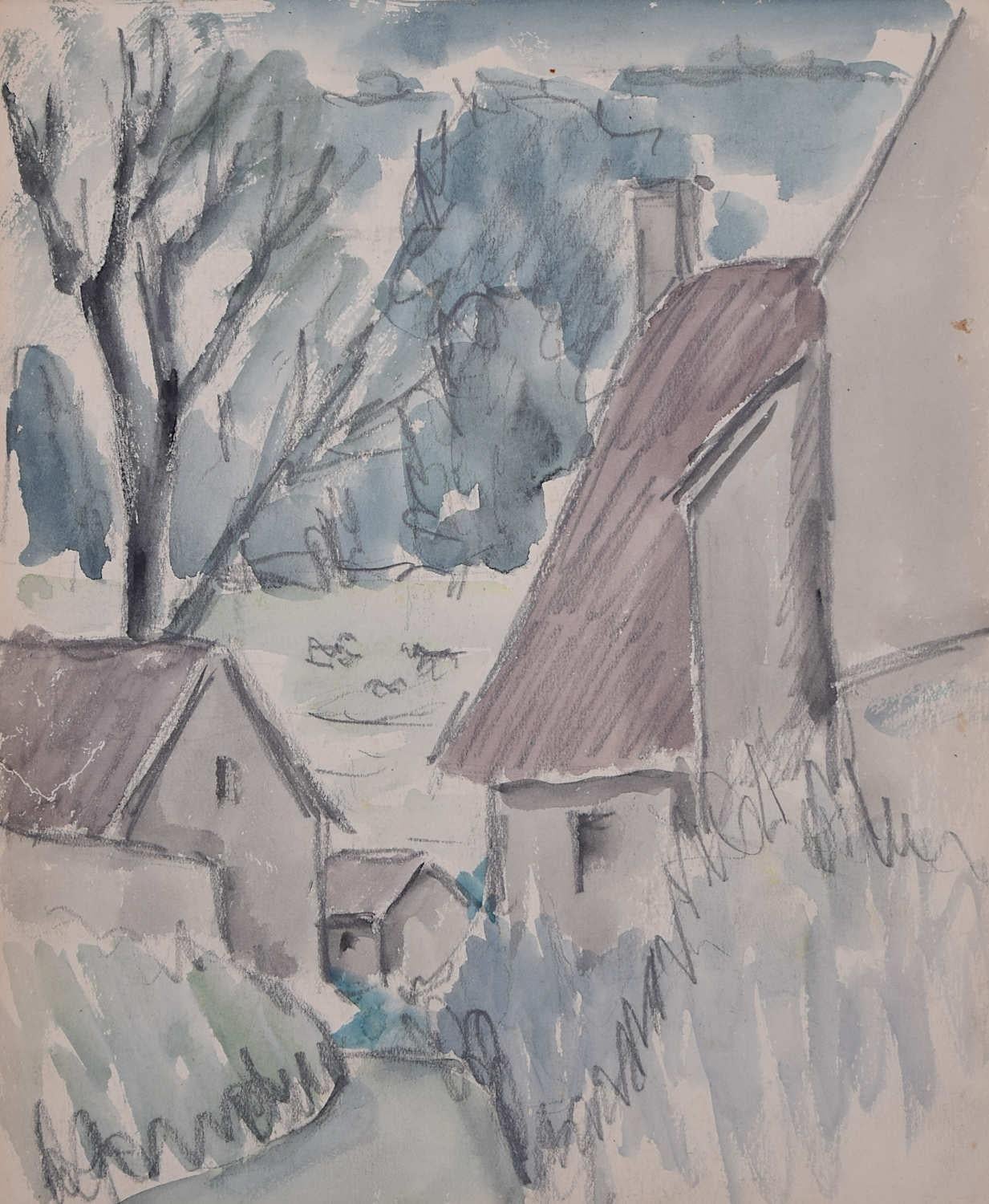 George Bissill (1896-1973)
View through the village
Watercolour 
26 x 21 cm 

Born in 1896, George Bissill was a British miner, painter and furniture designer. Raised in the mining village of Langley Mill, Derbyshire, Bissill became a miner at the