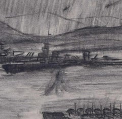 Second World War Naval Battle, charcoal sketch