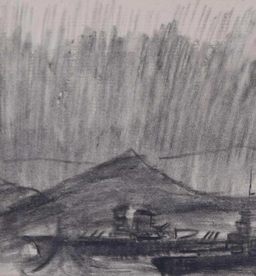 Second World War Naval Battle, charcoal sketch - Realist Art by Unknown