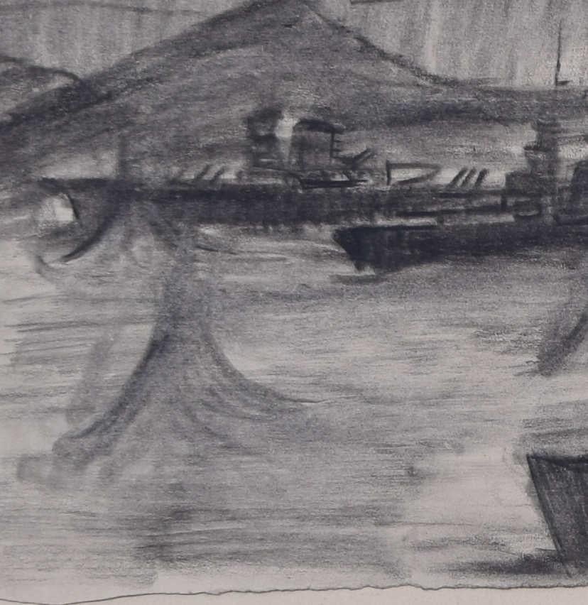 Second World War Naval Battle, charcoal sketch - Gray Landscape Art by Unknown