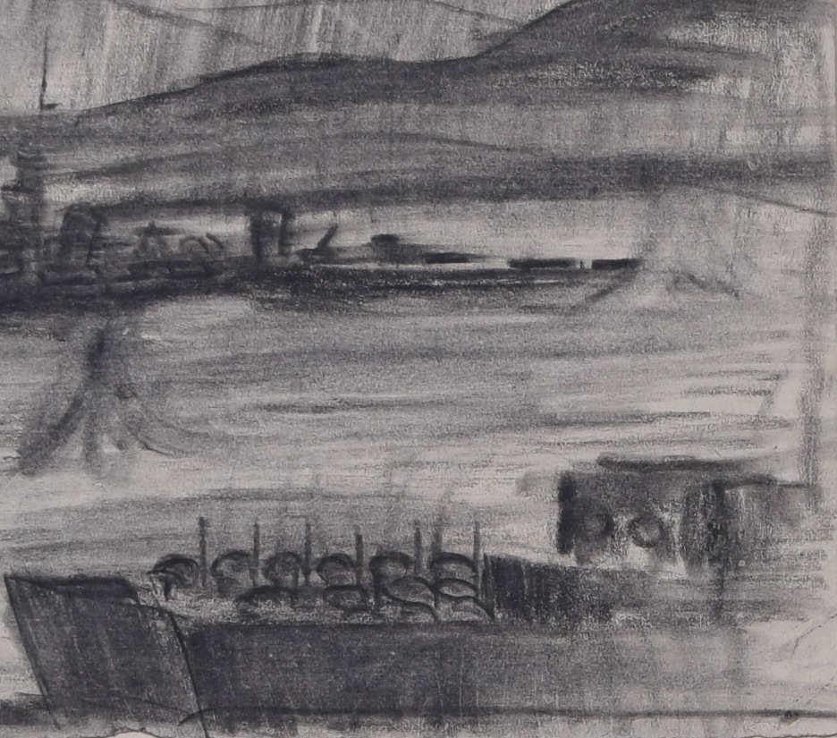 Anonymous 
Naval Battle 
Charcoal sketch 
34 x 46 cm 
Indistinctly inscribed to mount 

This striking charcoal sketch depicts a naval battle during the Second World War. It is a tumultuous scene, as bombs hit the water, making large splashes, planes