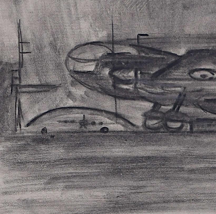 A Bomber Plane Landing, Second World War charcoal sketch - Art by Unknown