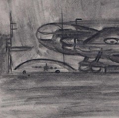 A Bomber Plane Landing, Second World War charcoal sketch