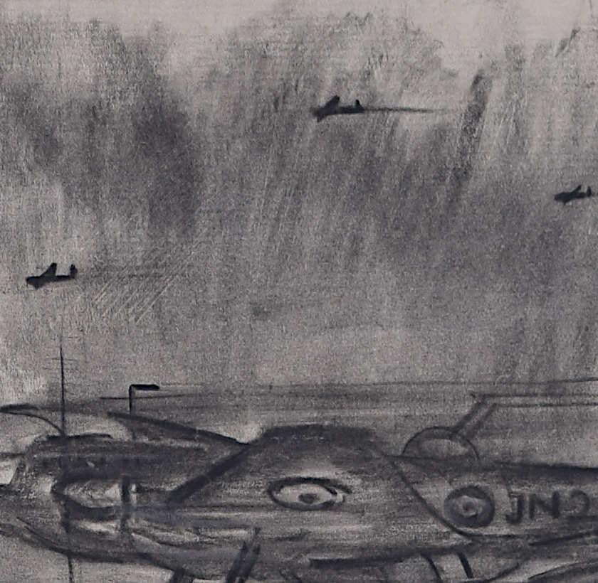 A Bomber Plane Landing, Second World War charcoal sketch - Gray Landscape Art by Unknown
