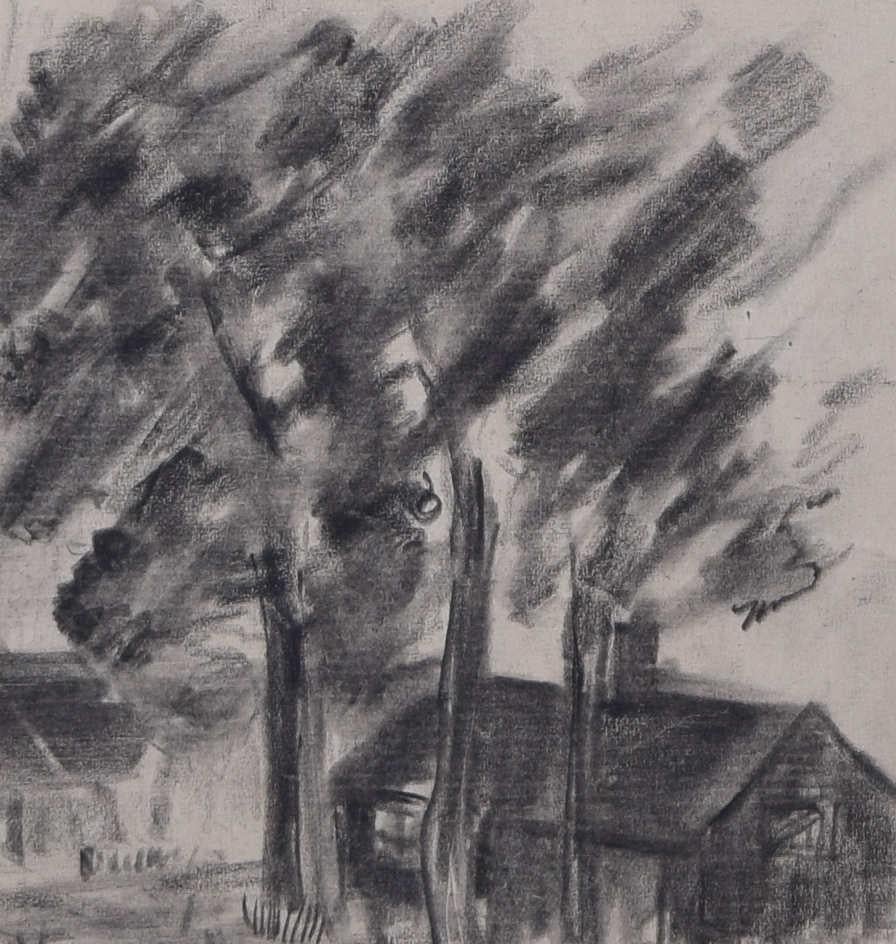 Camp Northampton, Second World War charcoal sketch - Gray Landscape Art by Unknown