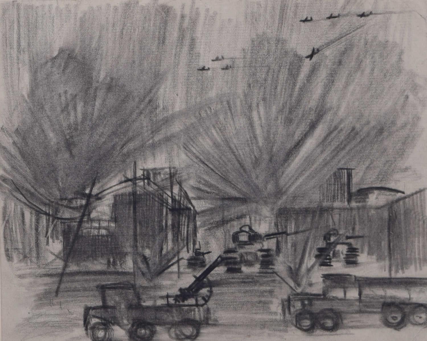 Landscape Art de Unknown - Ataque aéreo, boceto a carboncillo de la Segunda Guerra Mundial