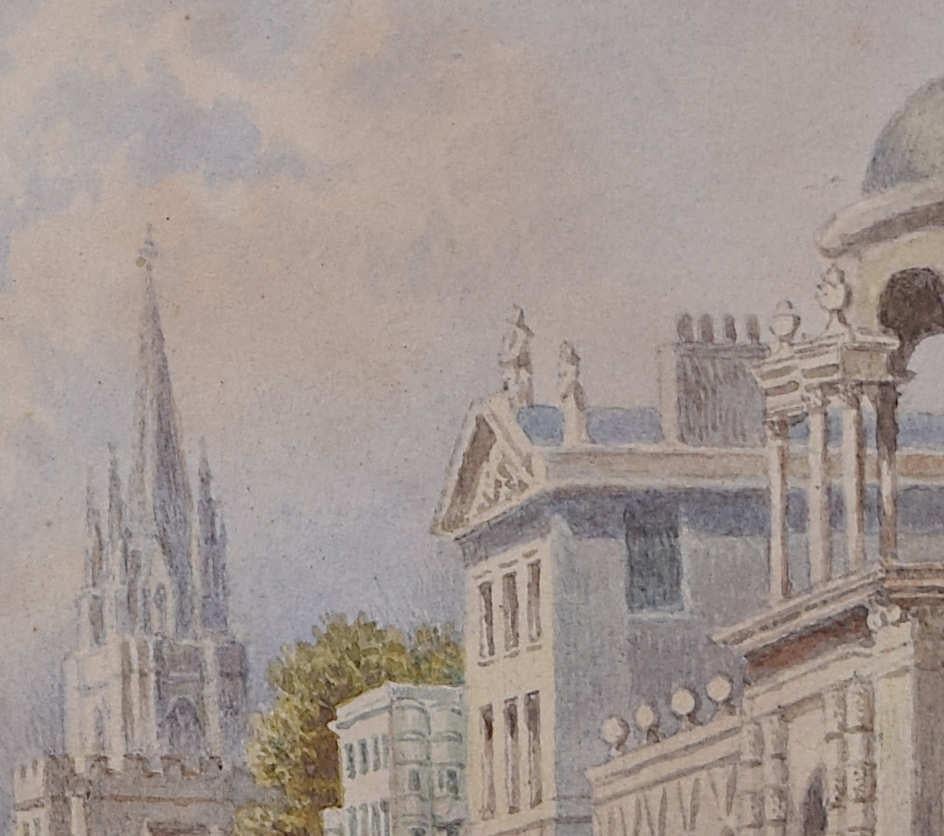 Queen's College and the High, 18th Century Oxford watercolour painting - Gray Landscape Art by Unknown