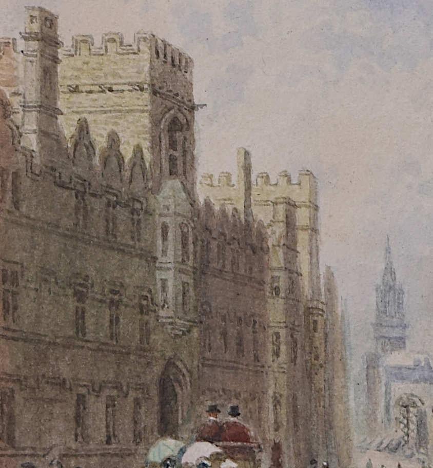 Queen's College and the High, 18th Century Oxford watercolour painting - Realist Art by Unknown