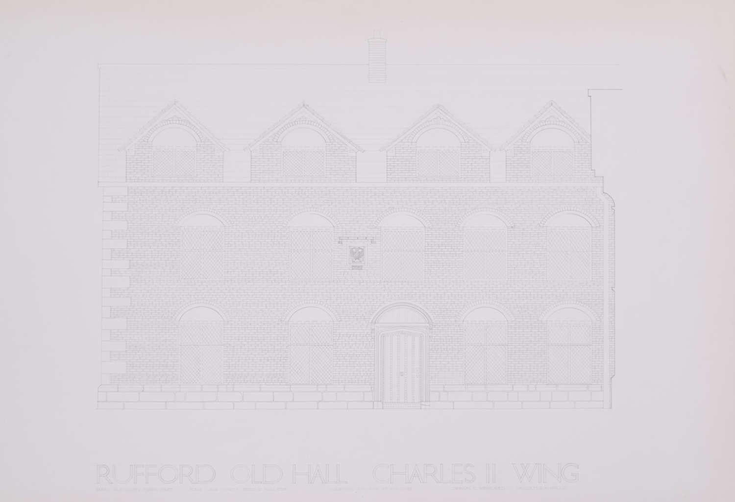 M R A Hollis 
Rufford Old Hall, Charles II Wing 
Pencil drawing
56 x 77 cm 

Professor Malcolm A Hollis was a chartered surveyor, arbitrator and professor of Building Pathology. He produced this architectural sketch while studying at the Liverpool