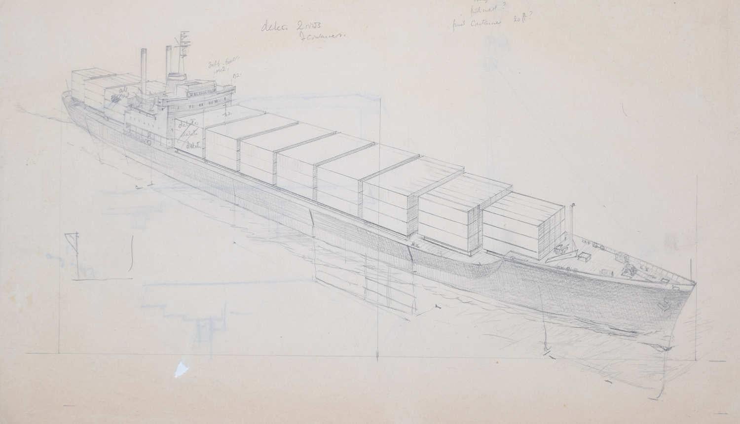 We acquired a series of marine works from Laurence Dunn's Archives. To find more scroll down to "More from this Seller" and below it click on "See all from this seller." 

Laurence Dunn (1910 - 2006)
Container Ship
Pencil drawing 
41 x 21 cm