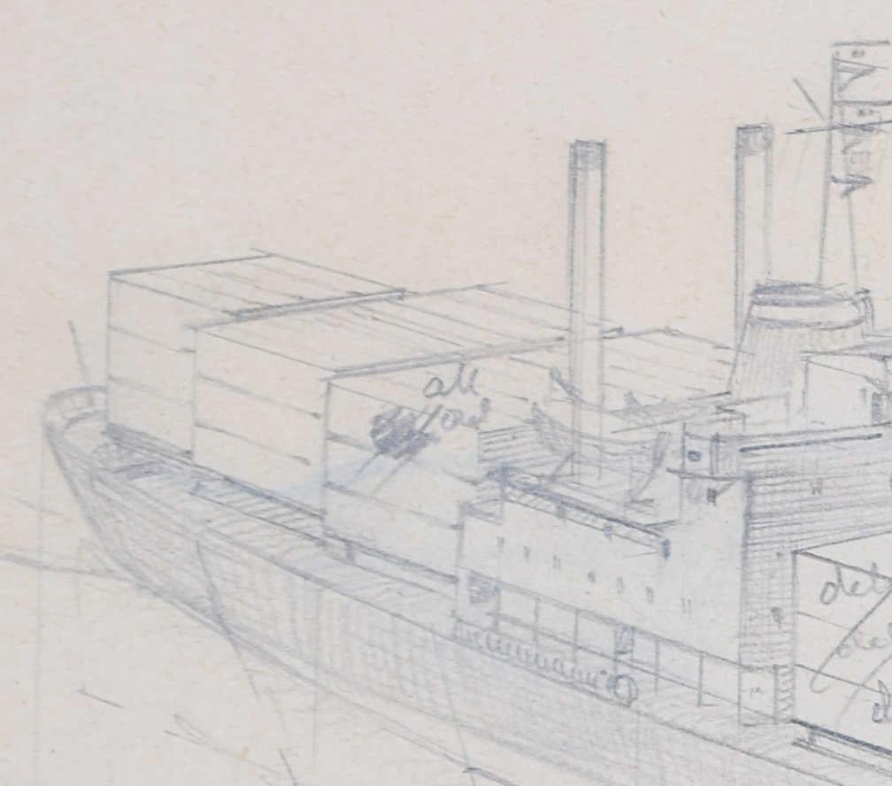 Container Ship, pencil drawing by Laurence Dunn For Sale 1