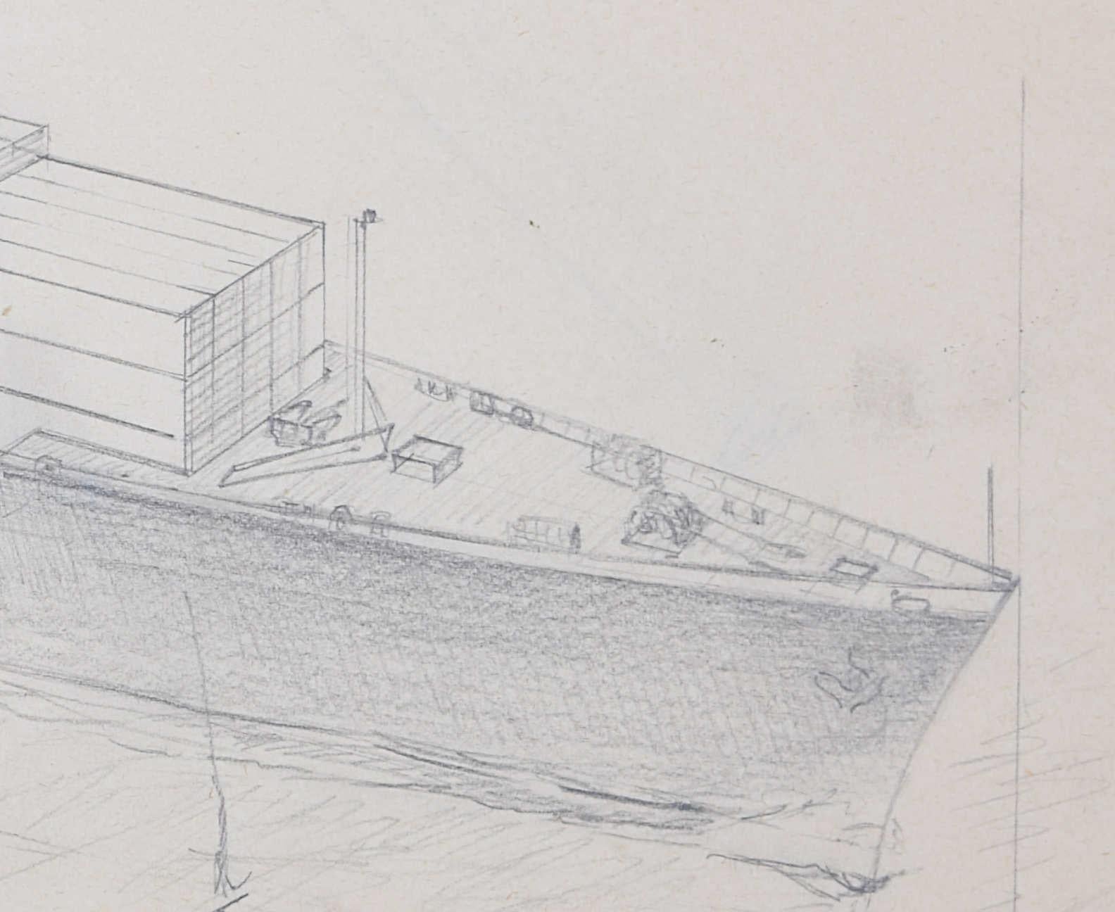 Container Ship, pencil drawing by Laurence Dunn For Sale 4