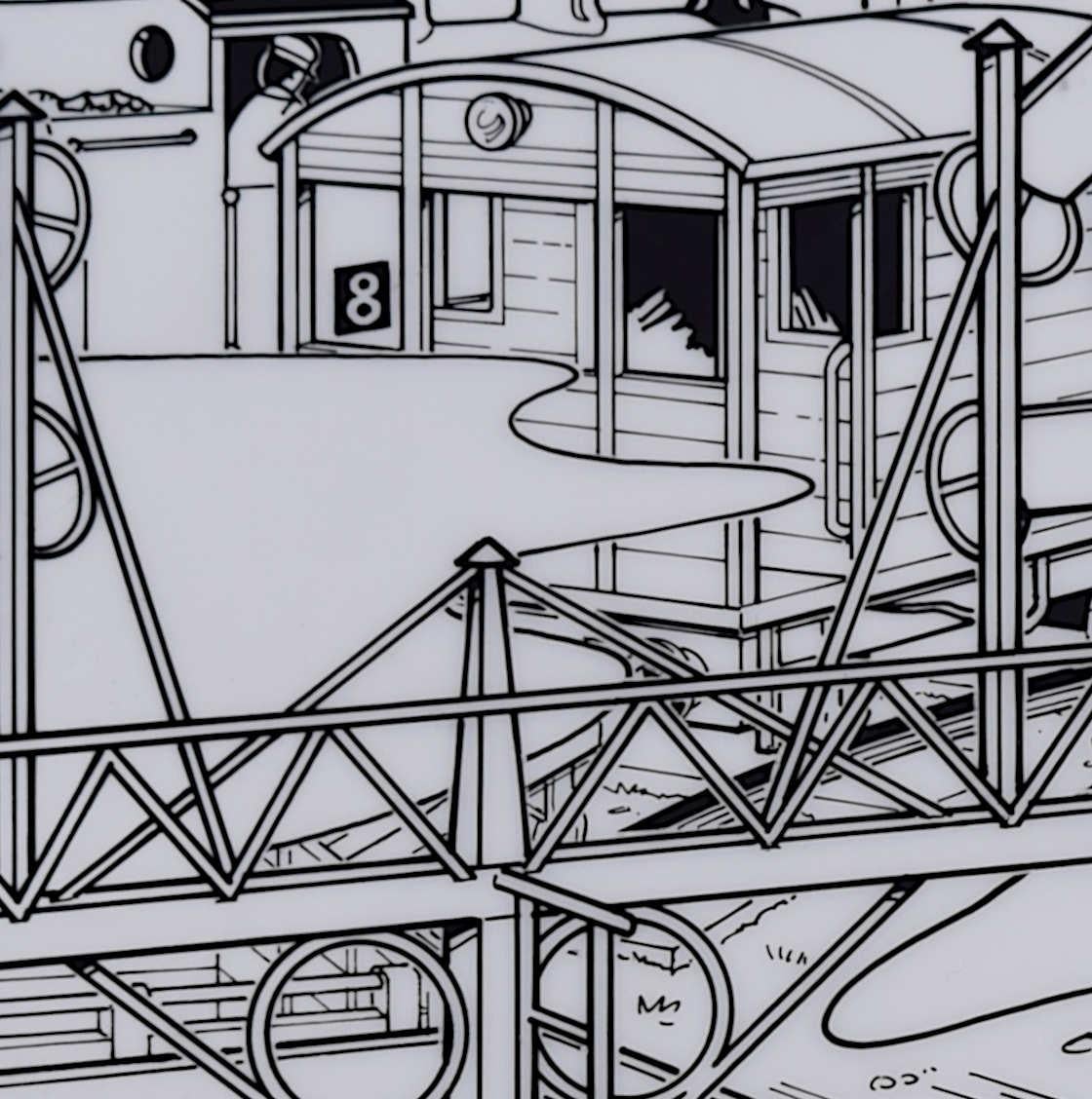John York 
Thomas the Tank 'Seeing Signals'
Ink on cel
41 x 30 cm 

This black-and-white ink illustration is from the Thomas & Friends episode 