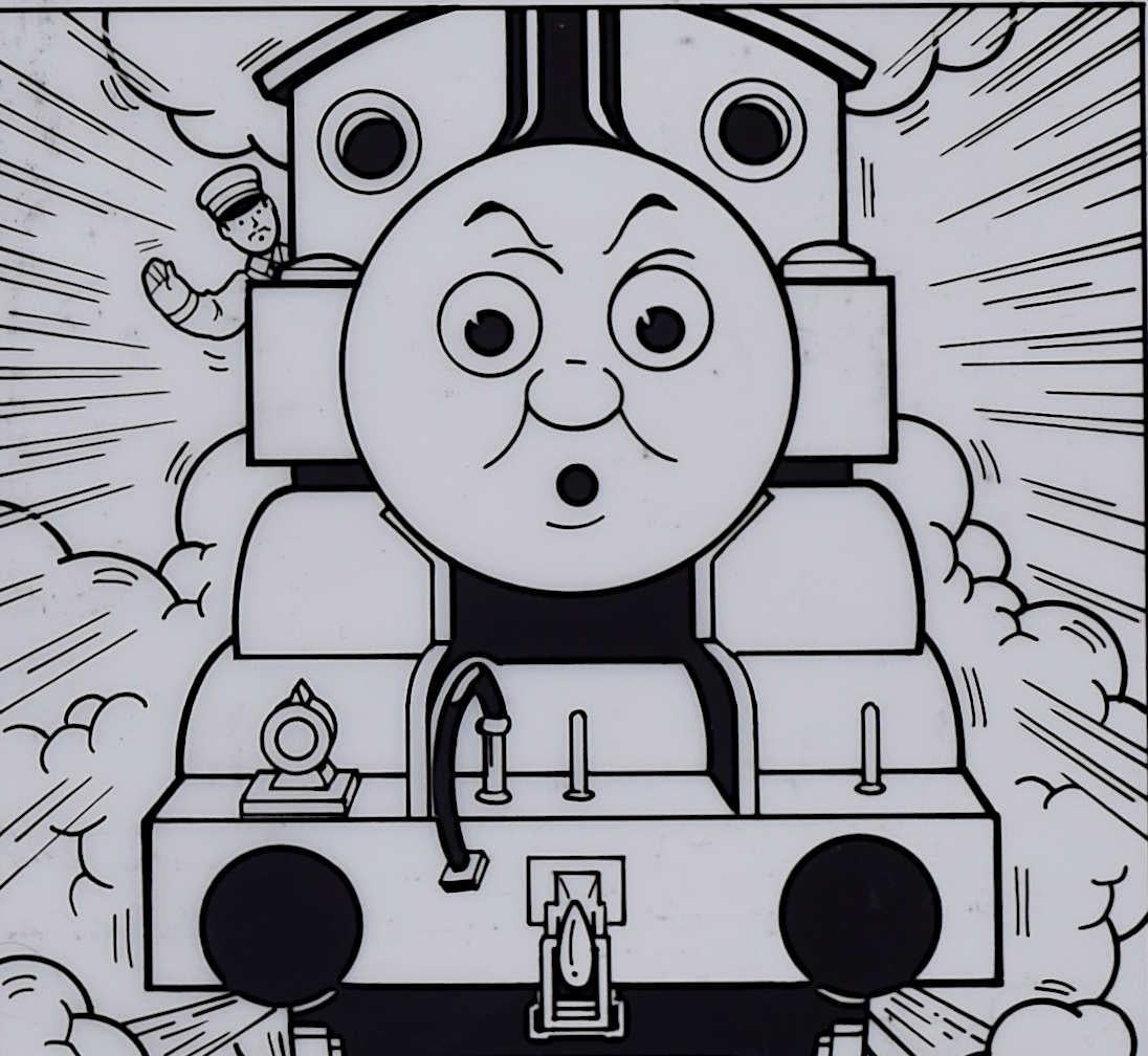 John York 
Thomas the Tank 'Seeing Signals'
Ink on cel
41 x 30 cm 

This black-and-white ink illustration is from the Thomas & Friends episode 