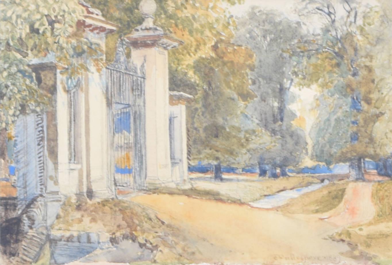 Clare College Gates, Cambridge watercolour by John Fulleylove