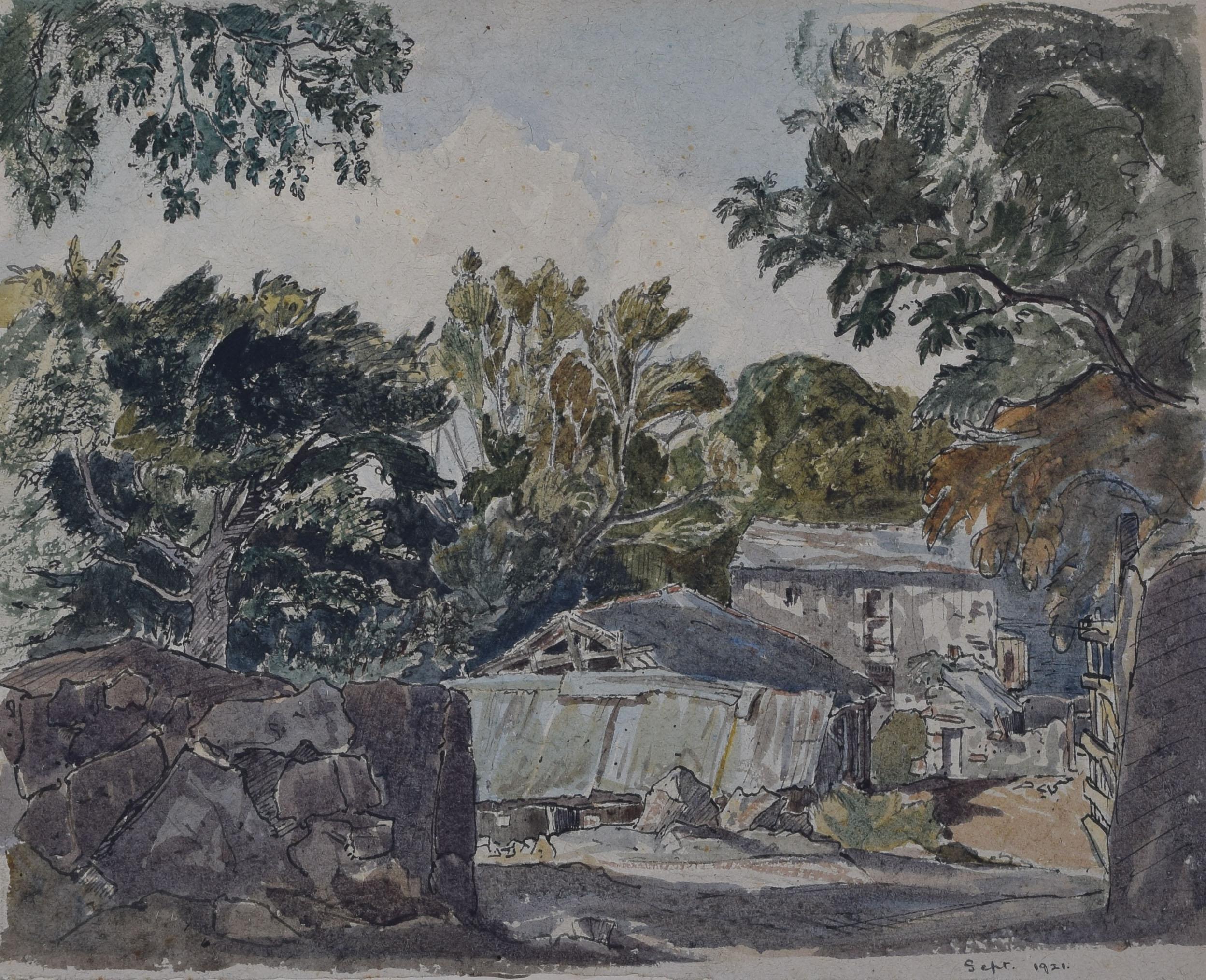 We acquired a series of paintings from Claude Muncaster's studio. To find more scroll down to "More from this Seller" and below it click on "See all from this seller." 

Claude Muncaster (1903-1974)
A Farmstead and Trees
Dated Sept 1921
Signed on