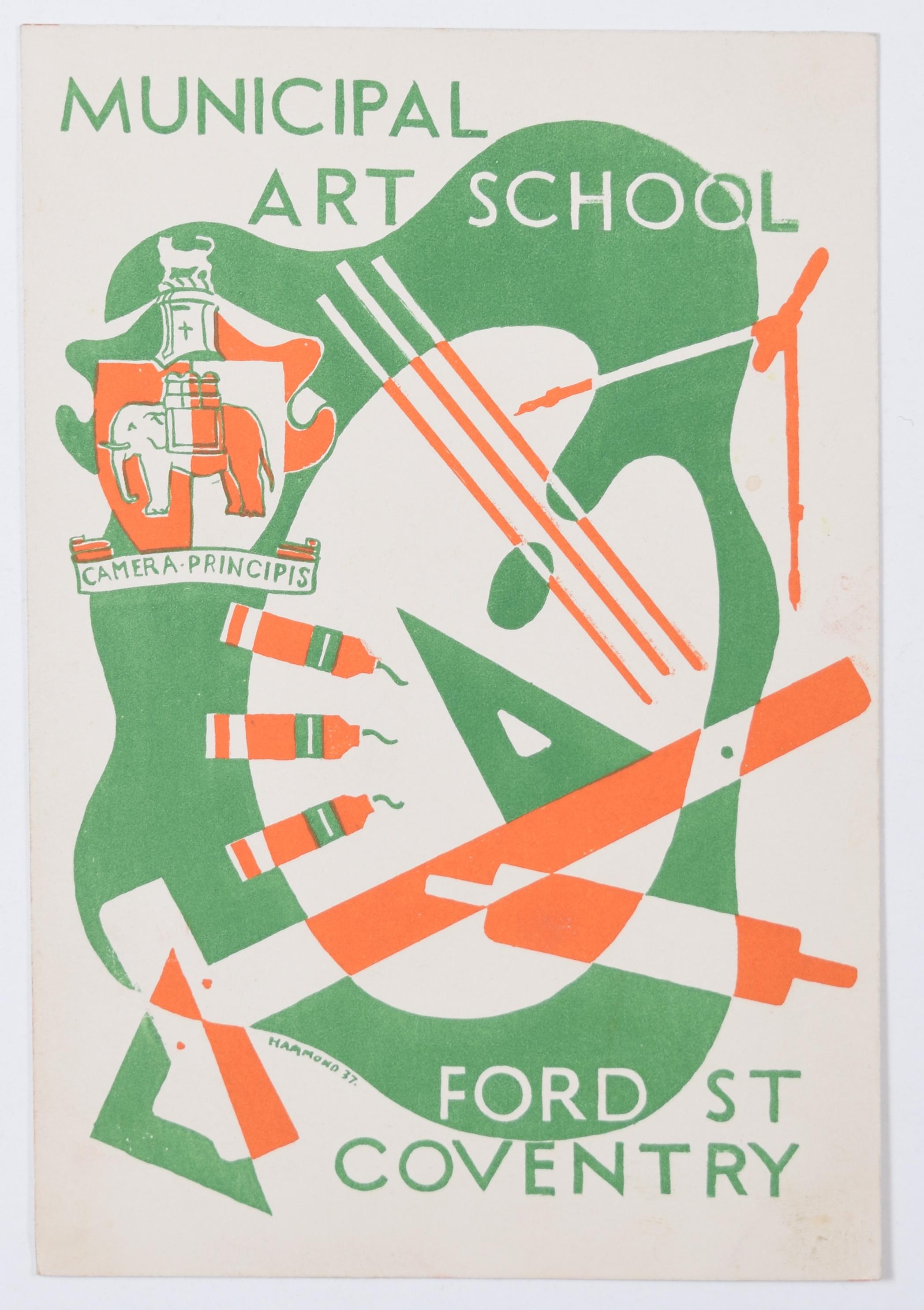 Hammond (Brite, um 1930)
Design für die Broschüre der Städtischen Kunstschule
21.5x18 cm
Lithographie direkt auf Stein gezeichnet, 1937

Leider ist nichts über das Leben des Künstlers dieser Serie schöner Art-Déco-Designs bekannt, die wir