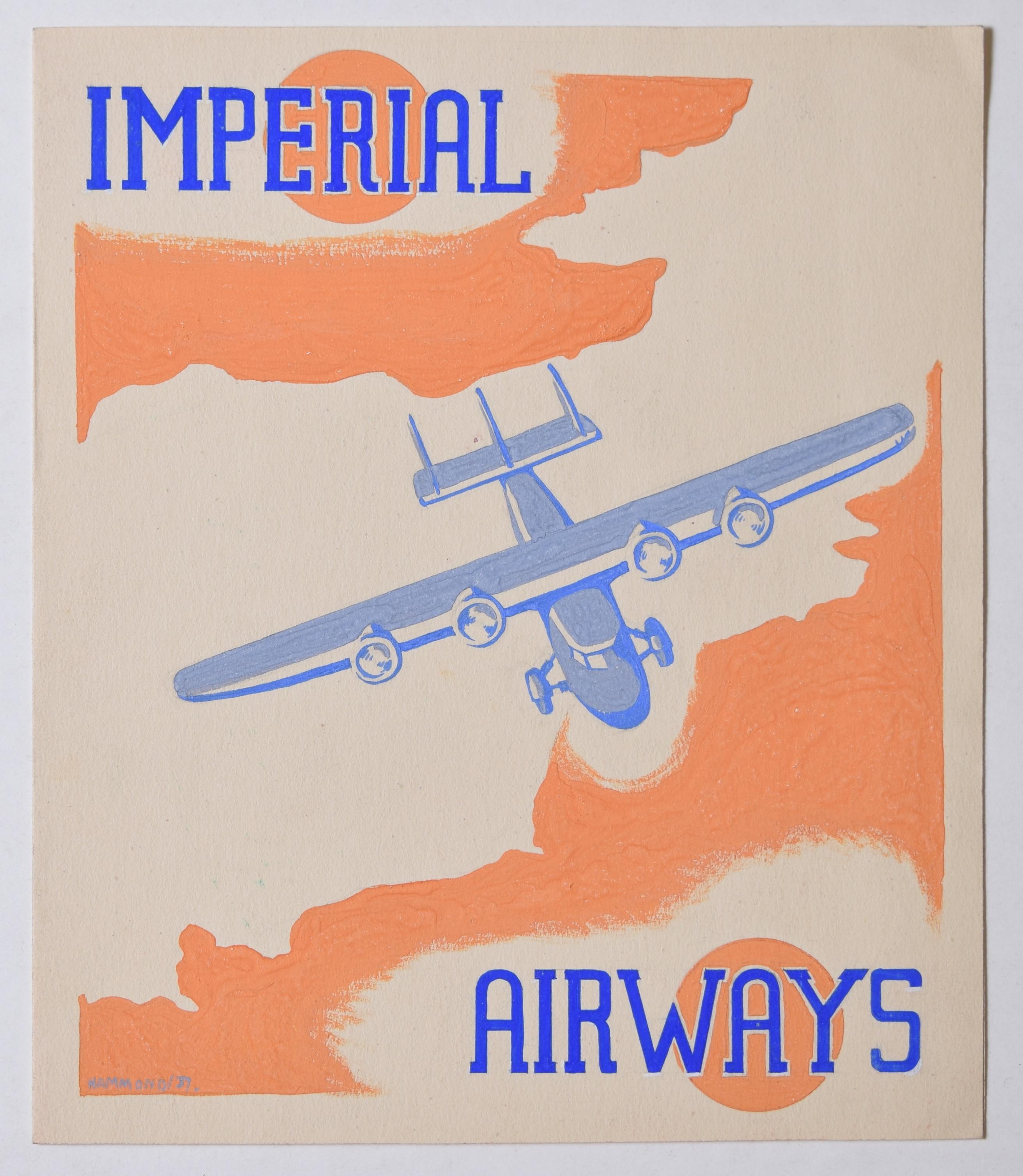 Hammond (British, fl. 1930s)
Original design for poster and flyer for Imperial Airways
21x18 cm
Gouache, 1937

Sadly nothing is known of the life of the artist of this series of rather fine Art Deco designs we have listed. . Designed to be