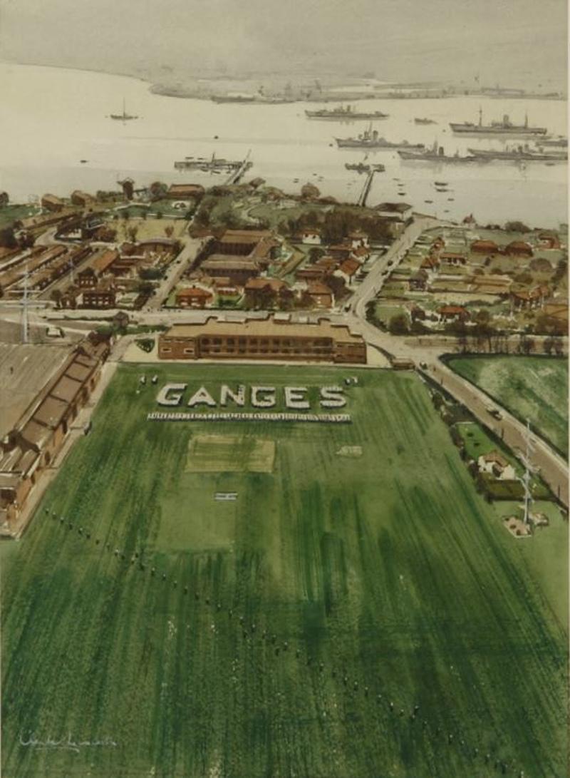 Claude Muncaster HMS Ganges from a Naval Helicopter 1956 maritime art watercolor