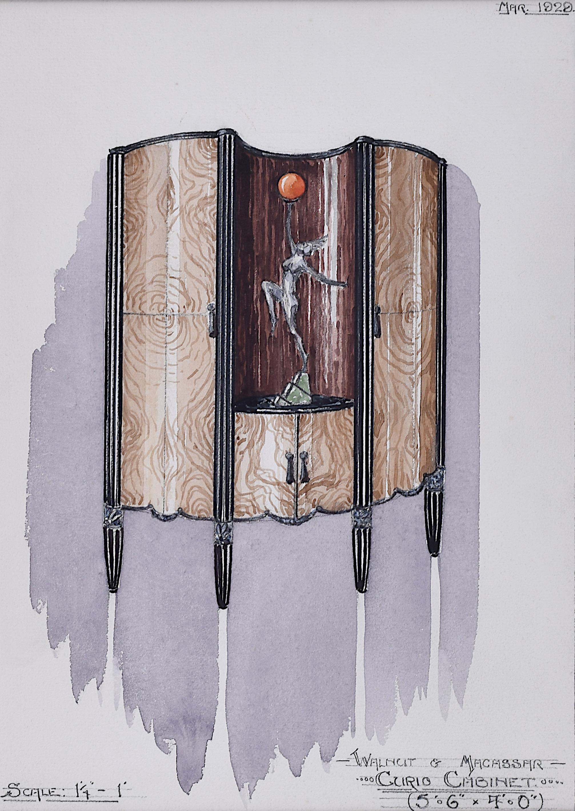 Design for Walnut Curio Cabinet. 1930s for George M Hammer designers London