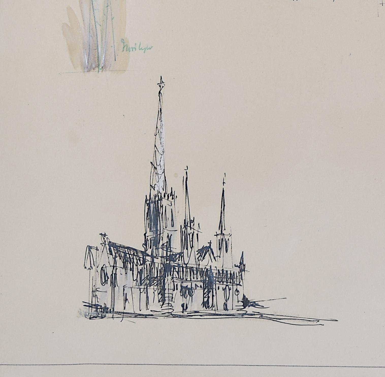 Louis Osman FRIBA Lincoln Cathedral architectural ink sketches 1960 Bishop Choir