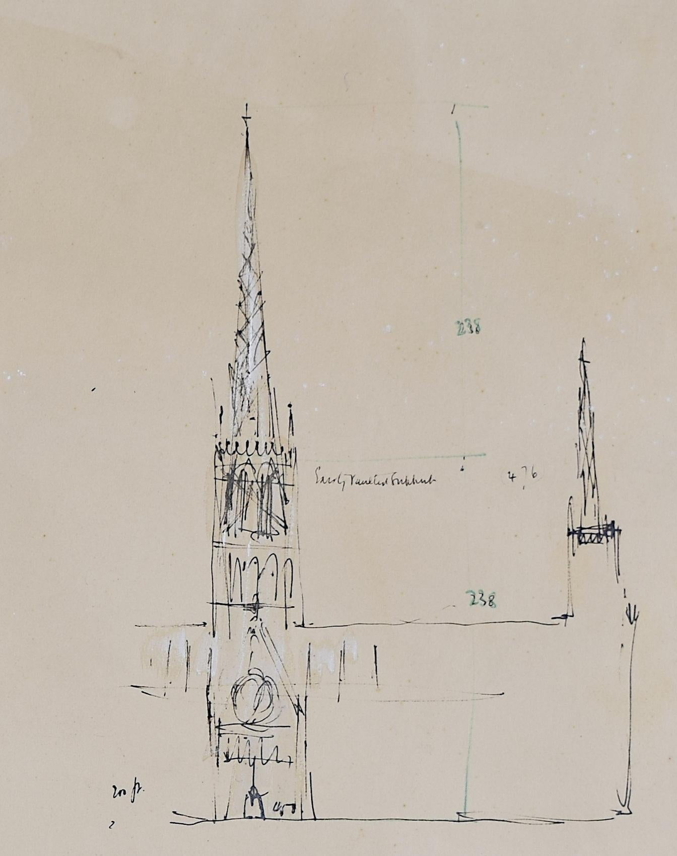 Louis Osman FRIBA Bocetos arquitectónicos a tinta de la Catedral de Lincoln 1960 Obispo Coro en venta 3