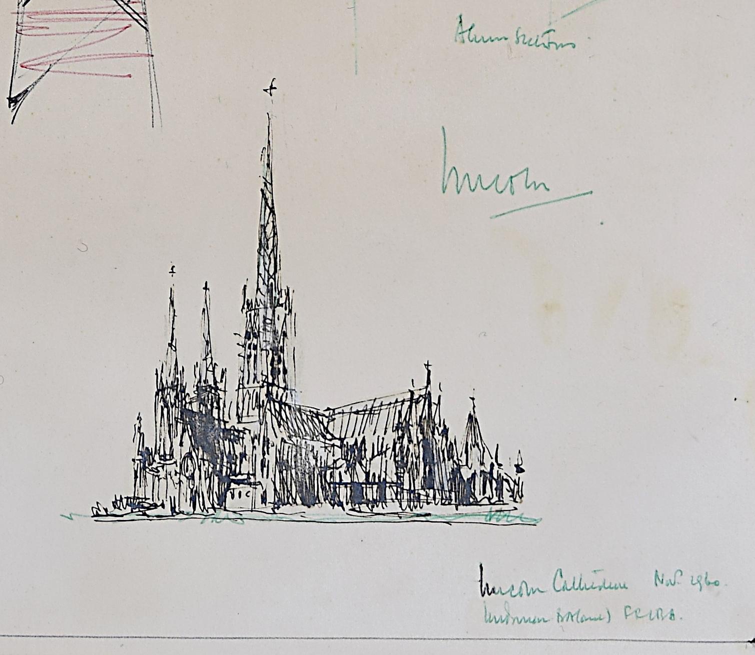 Louis Osman FRIBA Lincoln Cathedral Architektonische Tintenskizzen 1960 Bishop Choir im Angebot 2