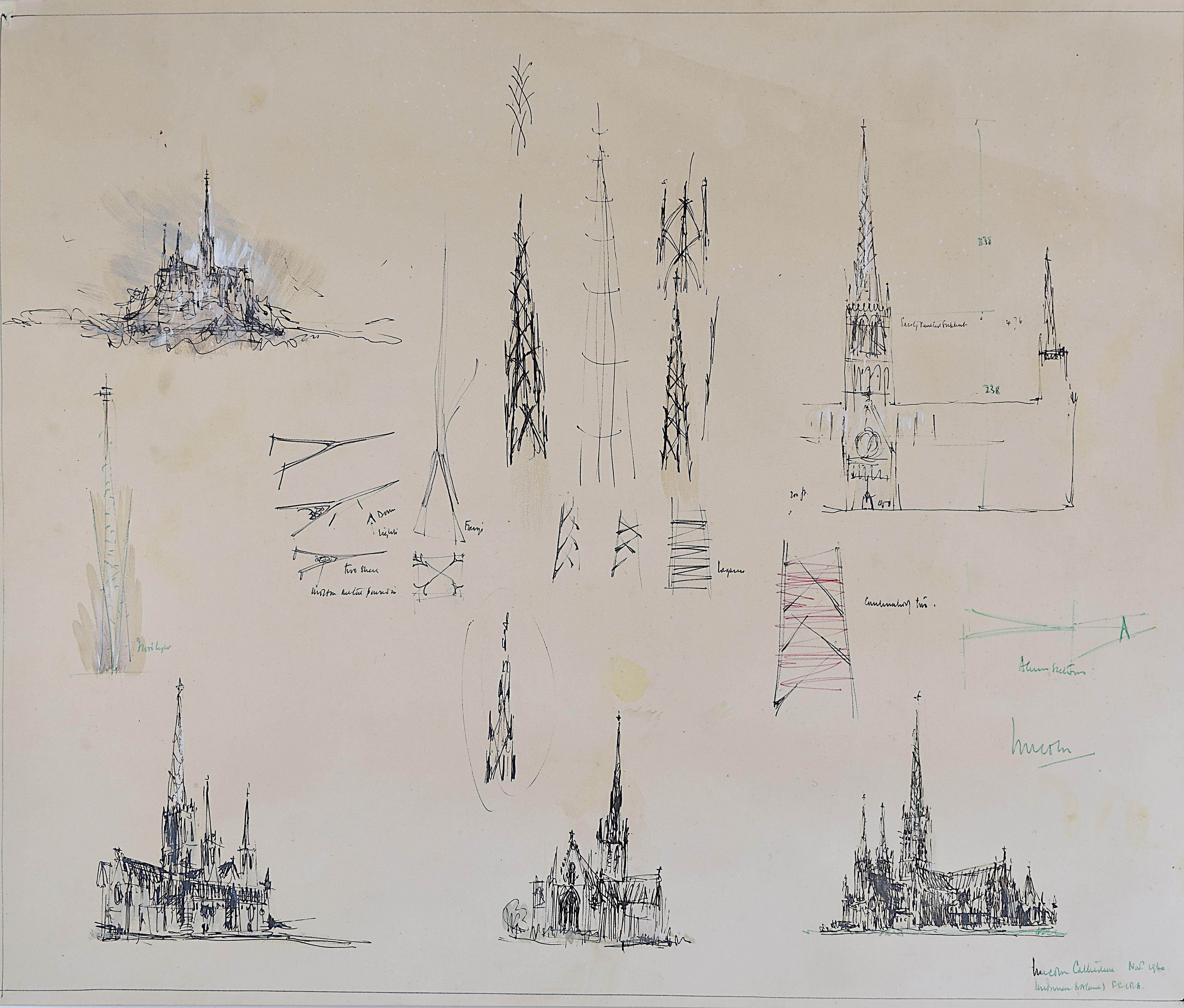 Louis Osman FRIBA Bocetos arquitectónicos a tinta de la Catedral de Lincoln 1960 Obispo Coro en venta 1