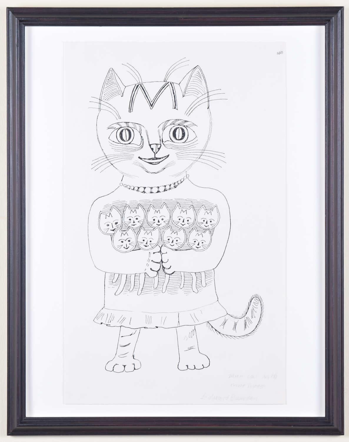 Edward Bawden, dessin d'art britannique moderne « Mum Cat With Nine Lives » à l'encre et à l'encre
