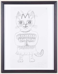 Vintage Edward Bawden Mum Cat With Nine Lives pen and ink Modern British Art drawing