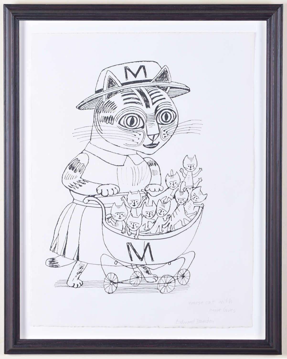 Edward Bawden Gato enfermero con nueve vidas pluma y tinta Dibujo de arte Modern British