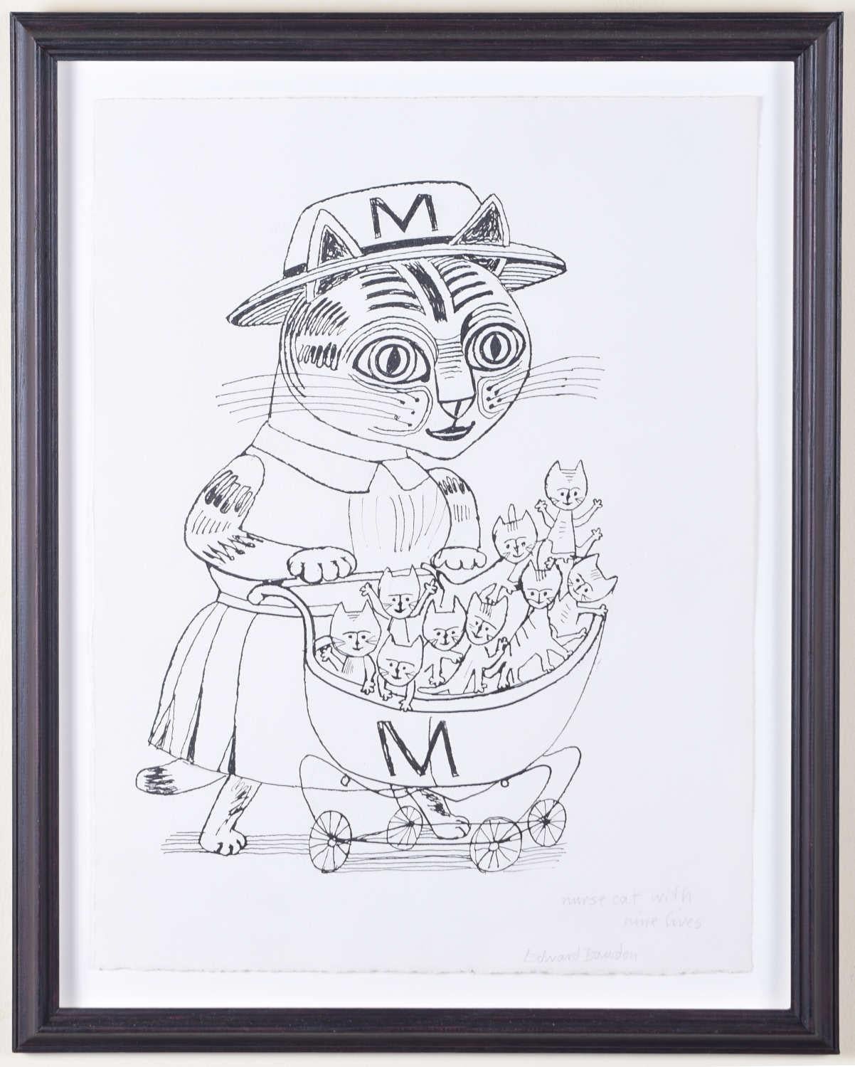 Edward Bawden dessin d'art britannique moderne « Nurse Cat With Nine Lives » à l'encre et à l'encre